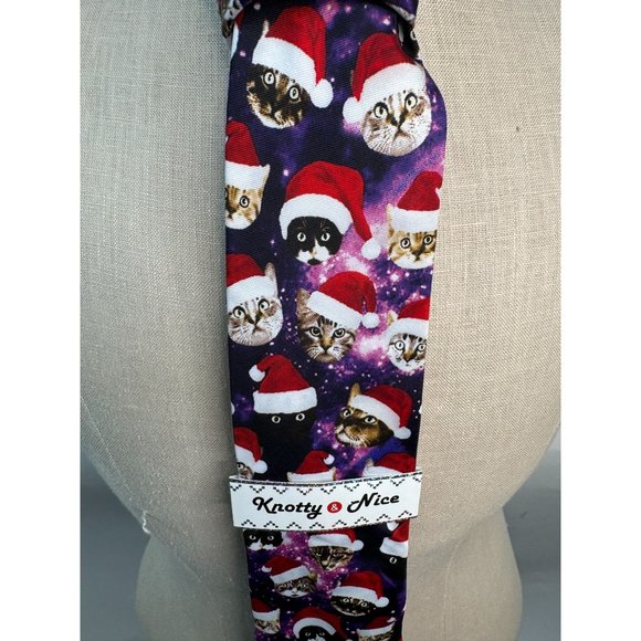 Knotty and Nice Holiday Space Cats Tie OS Purple, red Christmas Cats Space Pol - Picture 7 of 16